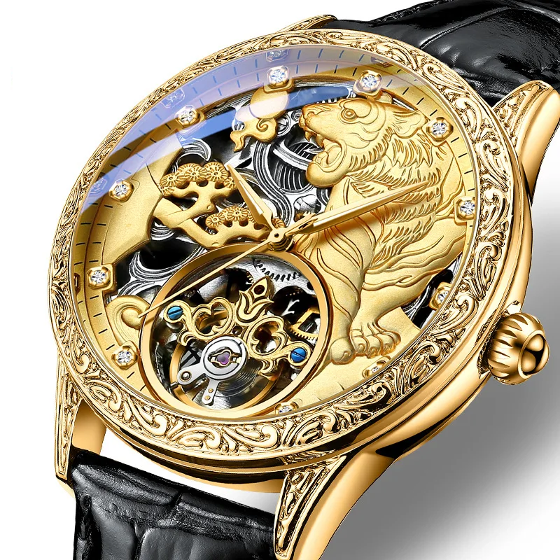 Relógio de Luxo Masculino Pulseira de Couro Tourbillon Gold Tiger