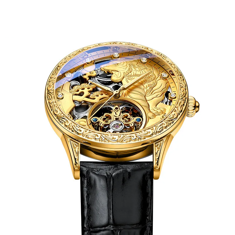 Relógio de Luxo Masculino Pulseira de Couro Tourbillon Gold Tiger