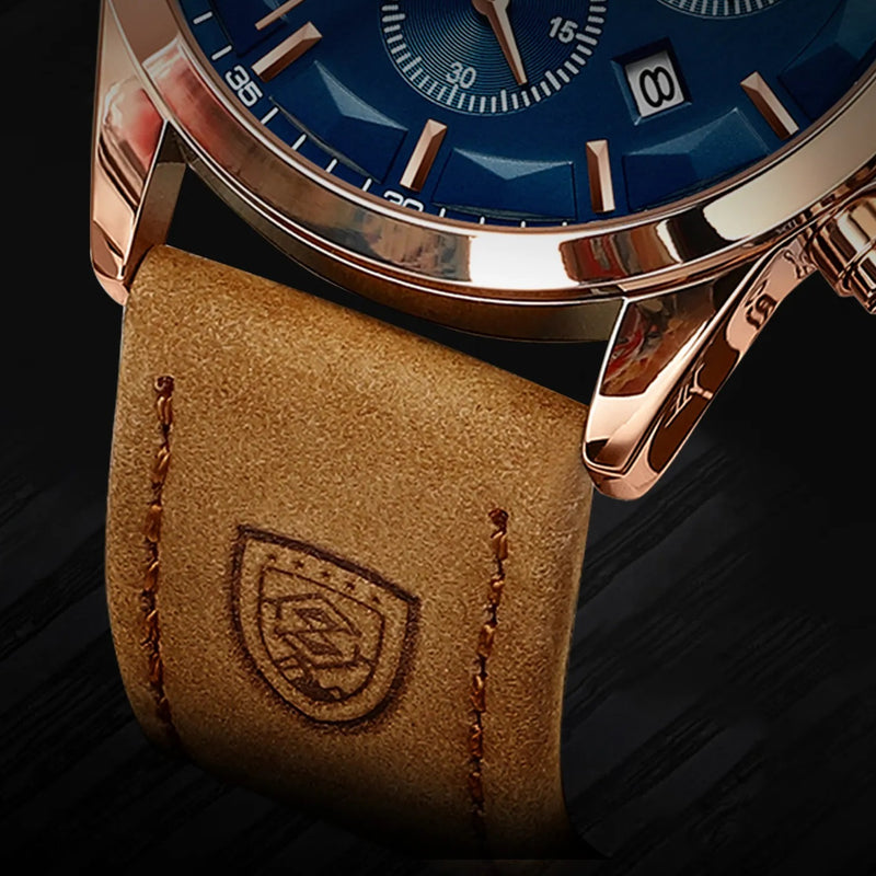 Relógio Clássico Masculino Pulseira de Couro Poedagar Shelby Gold Blue