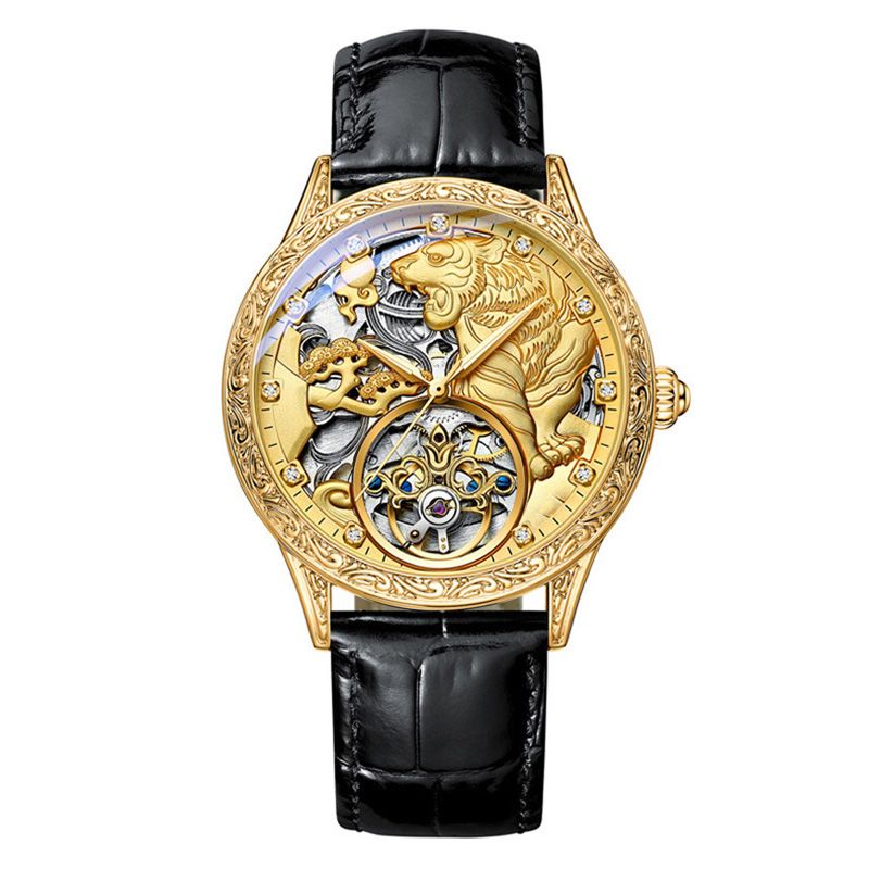 Relógio de Luxo Masculino Pulseira de Couro Tourbillon Gold Tiger