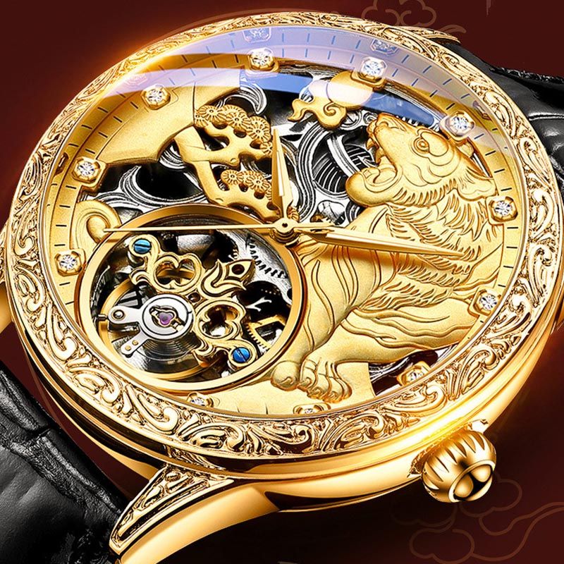 Relógio de Luxo Masculino Pulseira de Couro Tourbillon Gold Tiger