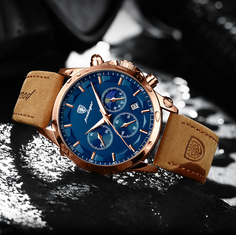 Relógio Clássico Masculino Pulseira de Couro Poedagar Shelby Gold Blue