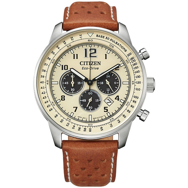 Relógio Clássico Masculino Cronográfo Pulseira de Couro Bege Citizen Eco Drive - (Última Oportunidade)