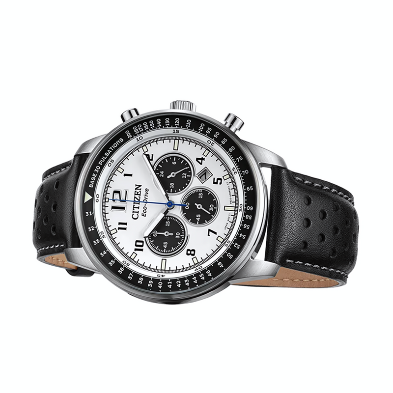 Relógio Clássico Masculino Cronográfo Pulseira de Couro Preto Citizen Eco Drive