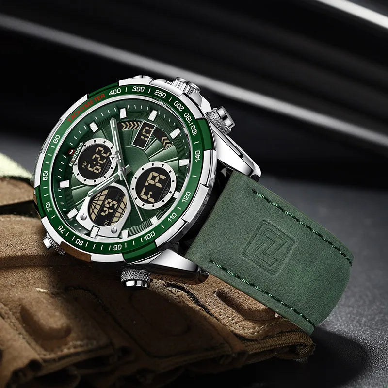 Relógio Masculino Esportivo Pulseira de Couro Naviforce Green Patton