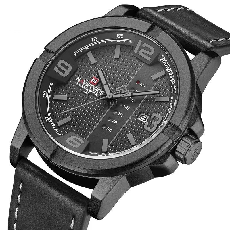 Relógio Casual Masculino Pulseira de Couro Naviforce Pioneer All Black