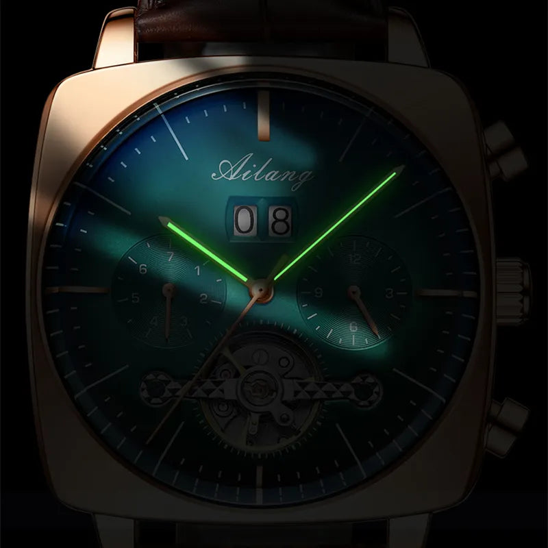 Relógio Masculino de Luxo Ailang Pulseira de Couro Gold Brown Automatique