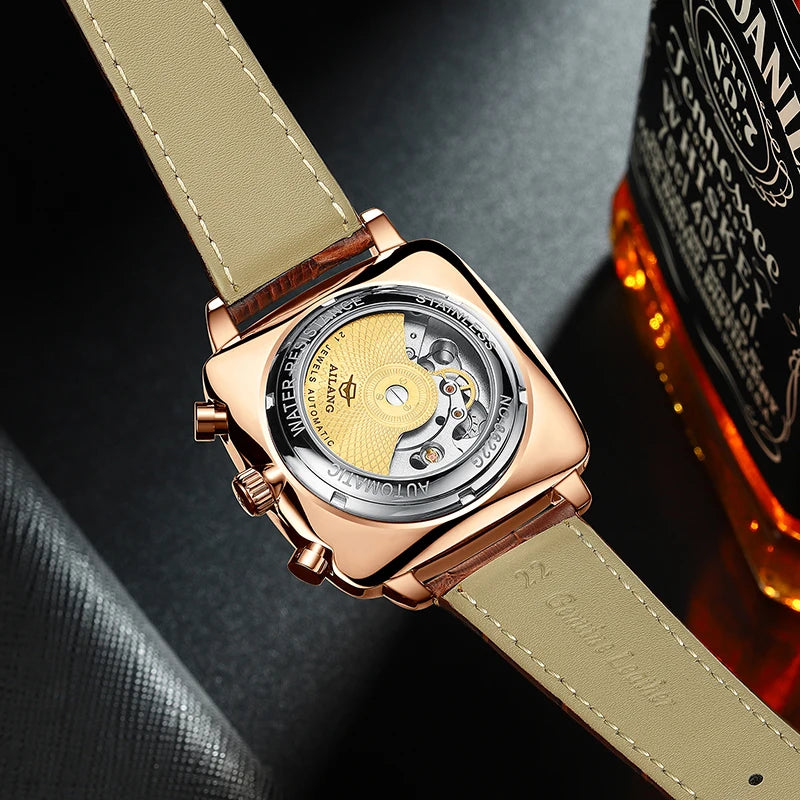 Relógio Masculino de Luxo Ailang Pulseira de Couro Gold Brown Automatique