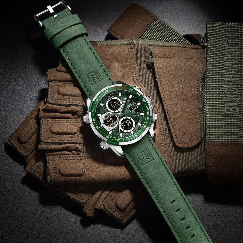 Relógio Masculino Esportivo Pulseira de Couro Naviforce Green Patton