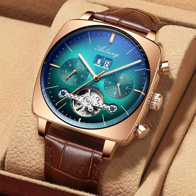 Relógio Masculino de Luxo Ailang Pulseira de Couro Gold Brown Automatique