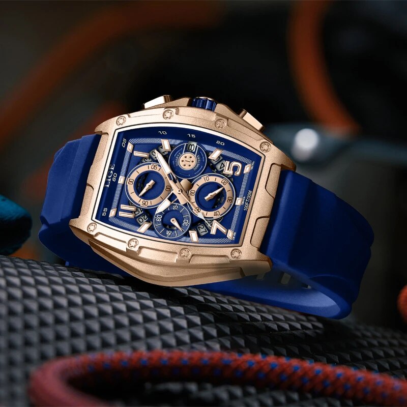 Relógio Masculino de Luxo Cronógrafo Lige Gold Blue Commander