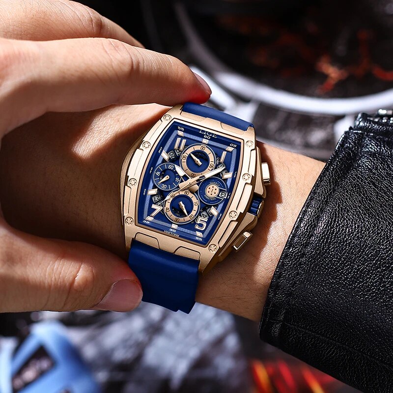 Relógio Masculino de Luxo Cronógrafo Lige Gold Blue Commander