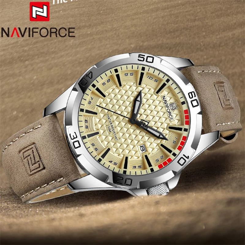 Relógio Casual Masculino Pulseira de Couro Naviforce Khaki Valiant