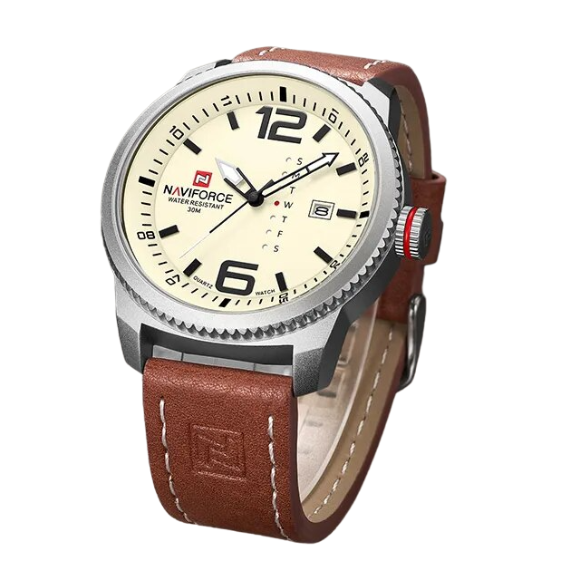 Relógio Casual Masculino Pulseira de Couro Naviforce Pioneer II Beige