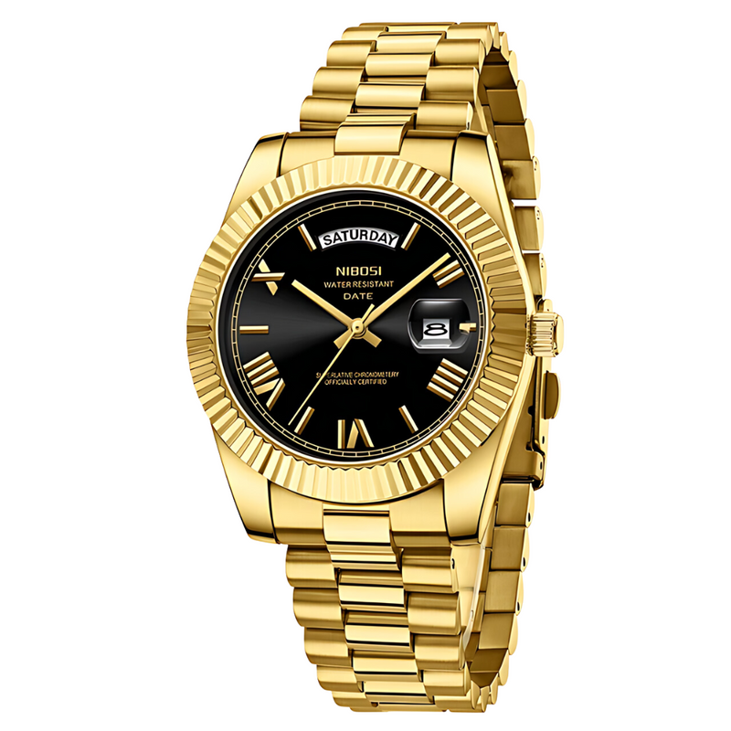 Relógio Masculino De Luxo Nibosi Day Date Black Gold