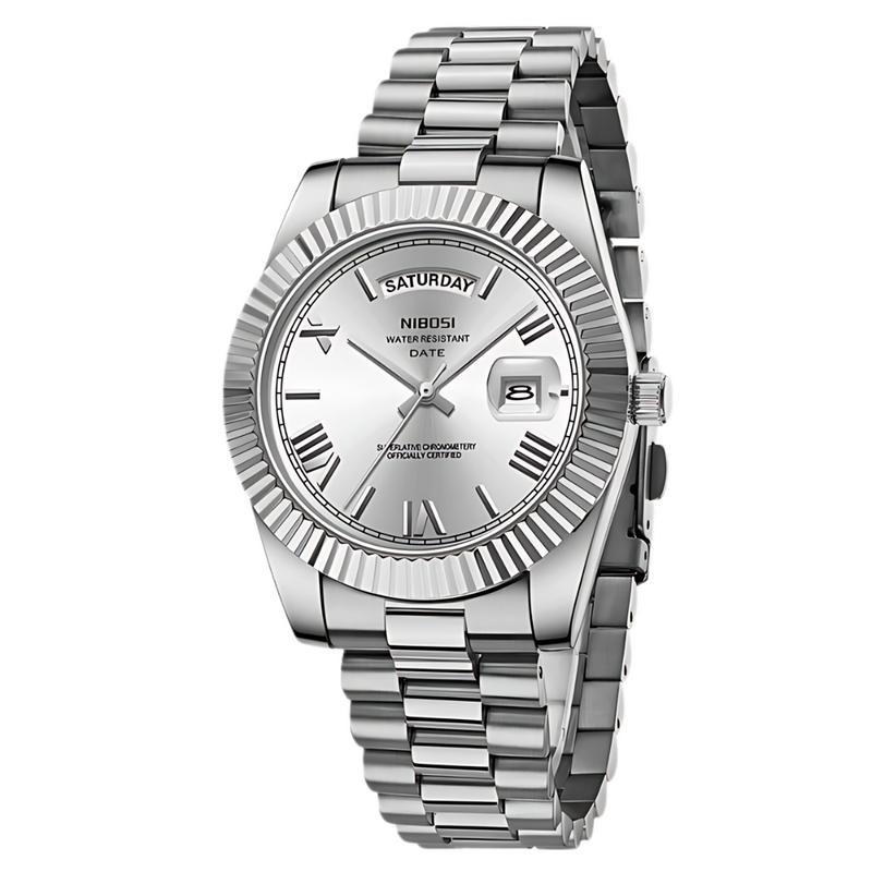 Relógio Masculino De Luxo Nibosi Day Date Silver