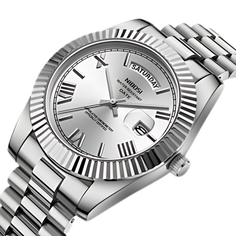 Relógio Masculino De Luxo Nibosi Day Date Silver