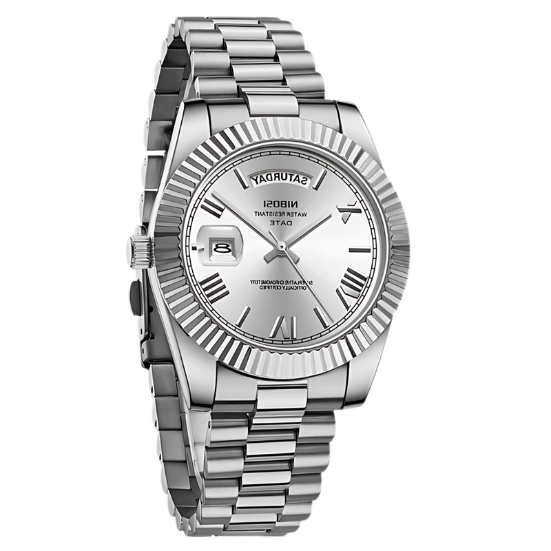 Relógio Masculino De Luxo Nibosi Day Date Silver