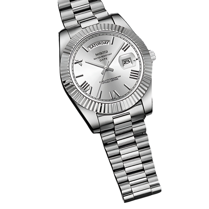 Relógio Masculino De Luxo Nibosi Day Date Silver