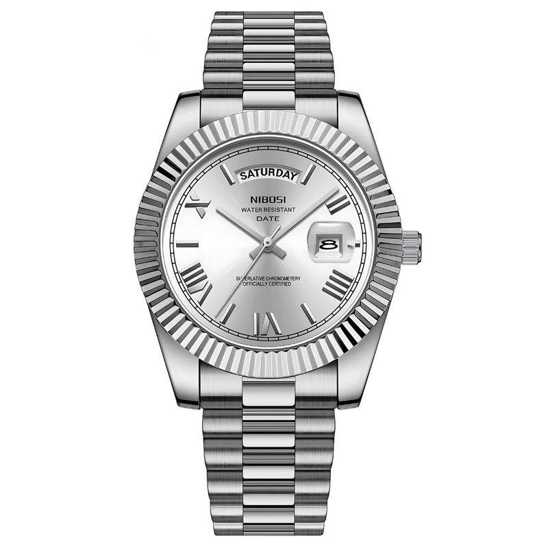 Relógio Masculino De Luxo Nibosi Day Date Silver