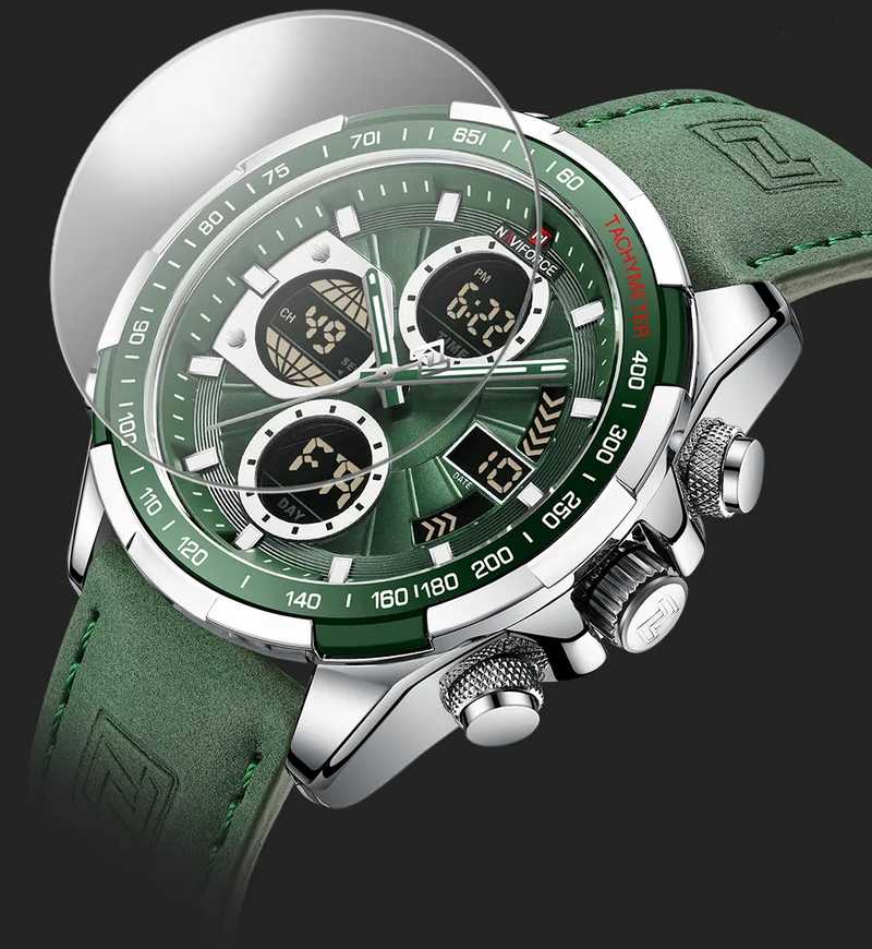 Relógio Masculino Esportivo Pulseira de Couro Naviforce Green Patton