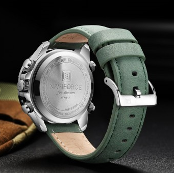 Relógio Masculino Esportivo Pulseira de Couro Naviforce Green Patton