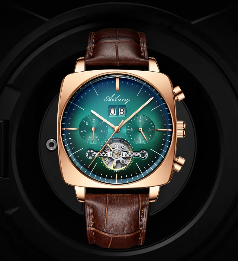 Relógio Masculino de Luxo Ailang Pulseira de Couro Gold Brown Automatique