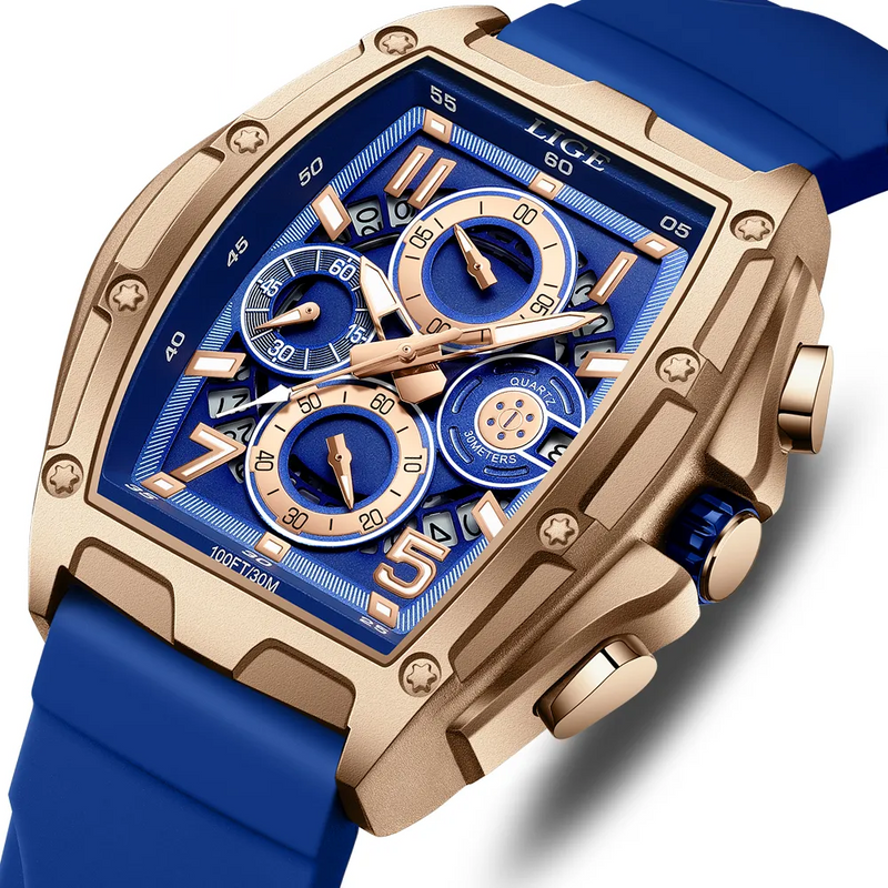 Relógio Masculino de Luxo Cronógrafo Lige Gold Blue Commander