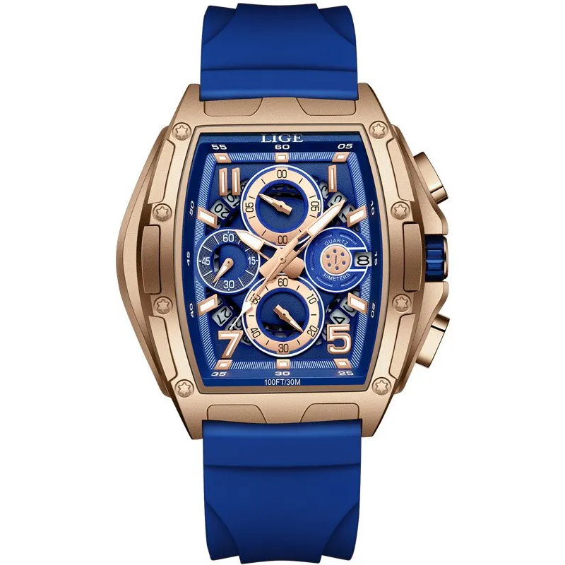 Relógio Masculino de Luxo Cronógrafo Lige Gold Blue Commander