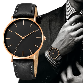 Relógio Minimalista Preto e Dourado Pulseira de Couro Murrey 40mm