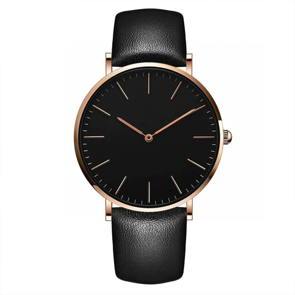 Relógio Minimalista Preto e Dourado Pulseira de Couro Murrey 40mm