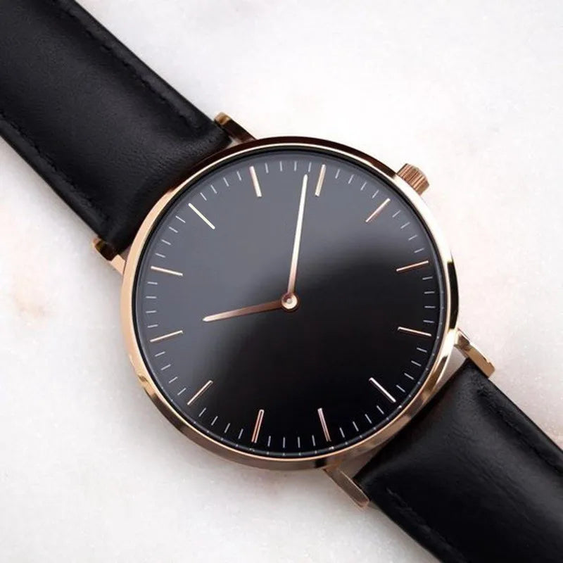 Relógio Minimalista Preto e Dourado Pulseira de Couro Murrey 40mm