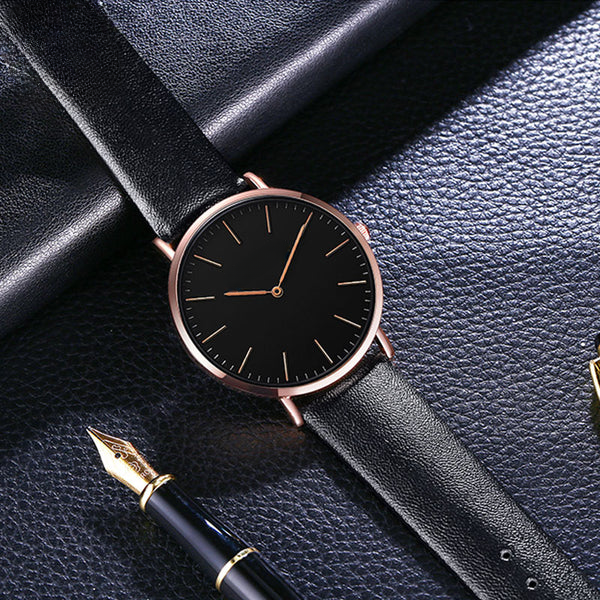 Relógio Minimalista Preto e Dourado Pulseira de Couro Murrey 40mm