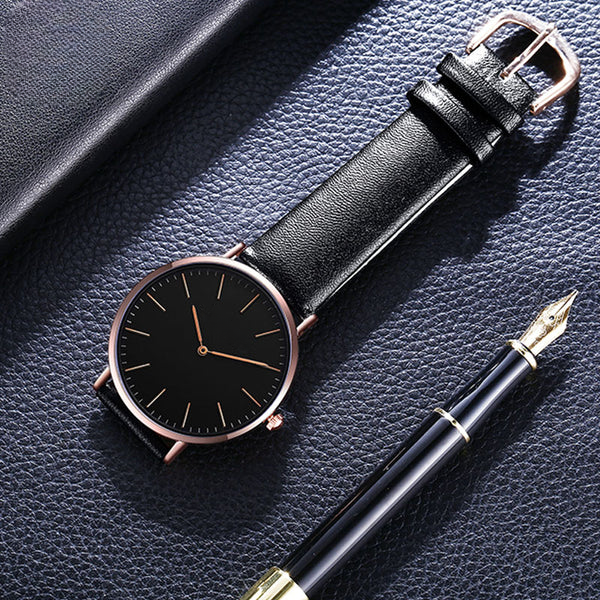 Relógio Minimalista Preto e Dourado Pulseira de Couro Murrey 40mm