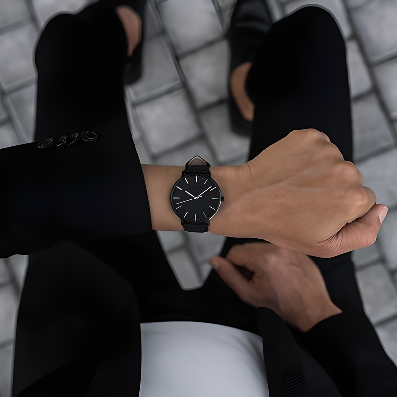 Relógio Minimalista Preto e Prata Pulseira de Couro Murrey 40mm