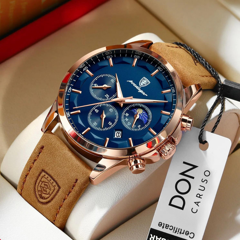 Relógio Clássico Masculino Pulseira de Couro Poedagar Shelby Gold Blue