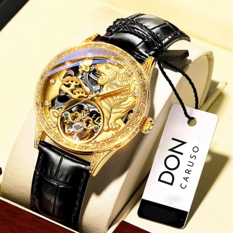 Relógio de Luxo Masculino Pulseira de Couro Tourbillon Gold Tiger