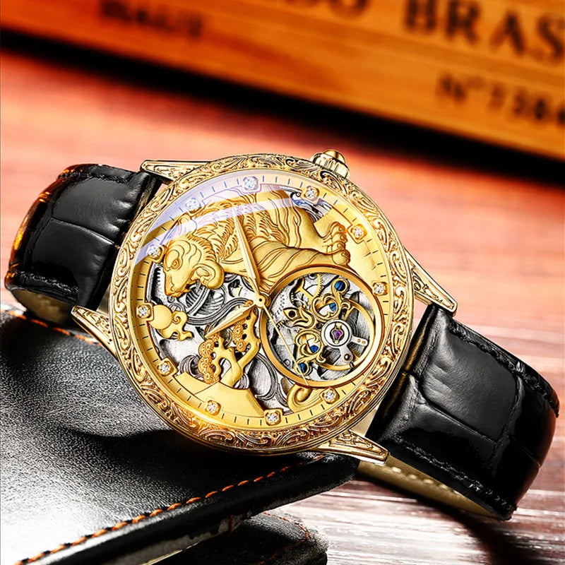 Relógio de Luxo Masculino Pulseira de Couro Tourbillon Gold Tiger