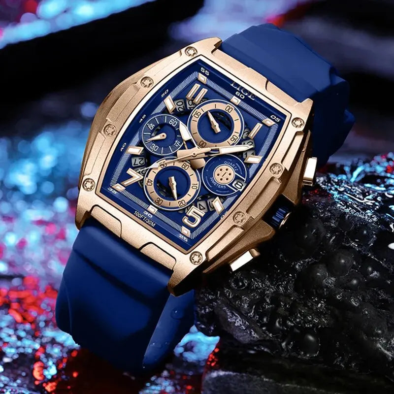 Relógio Masculino de Luxo Cronógrafo Lige Gold Blue Commander