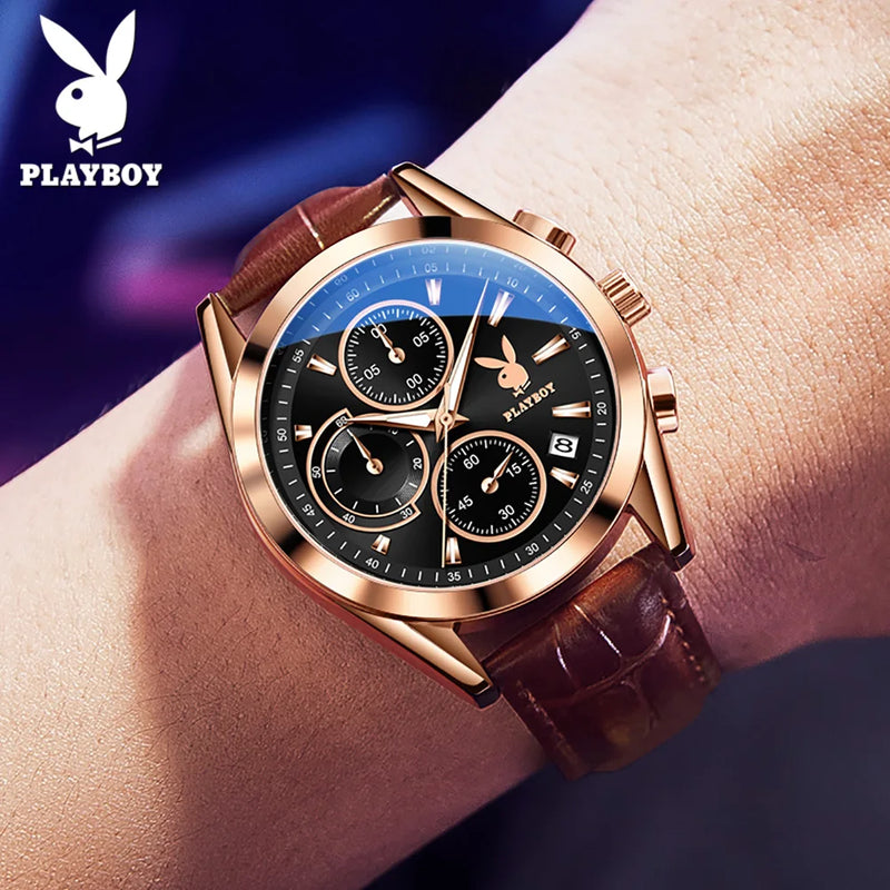 Relógio Clássico Masculino Pulseira de Couro Playboy Brown Donnaiolo