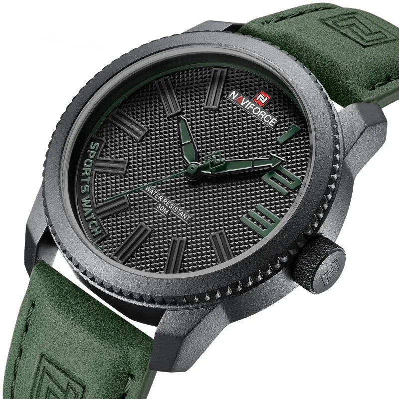 Relógio Esportivo Masculino Pulseira de Couro Antichoque Naviforce Green Bolt