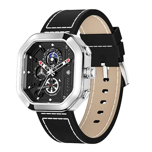 Relógio Masculino de Luxo Johnny Boss Silver Black Pulseira de Couro