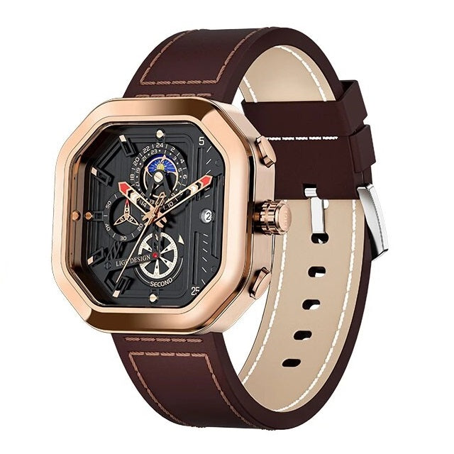 Relógio Masculino de Luxo Johnny Boss Gold Brown Pulseira de Couro