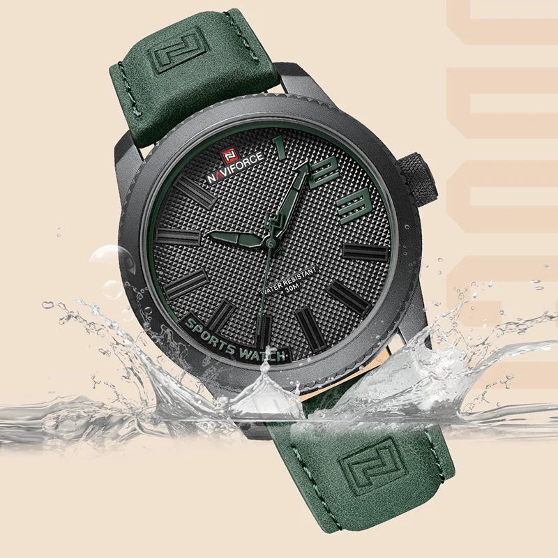 Relógio Esportivo Masculino Pulseira de Couro Antichoque Naviforce Green Bolt