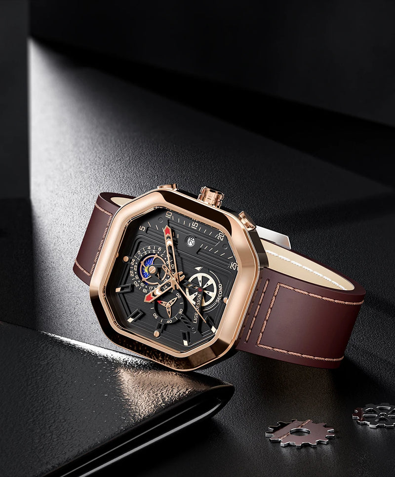 Relógio Masculino de Luxo Johnny Boss Gold Brown Pulseira de Couro