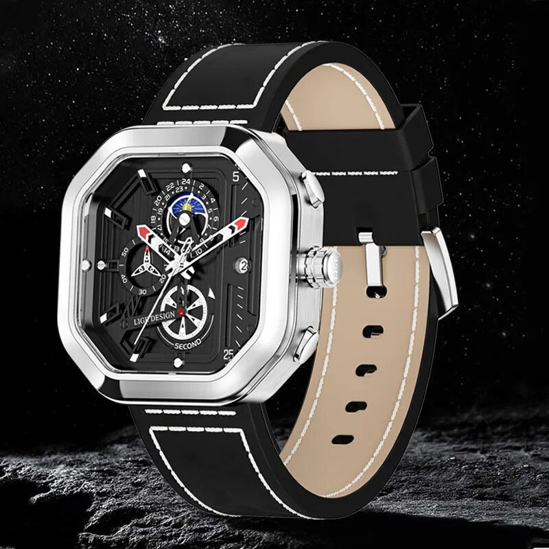 Relógio Masculino de Luxo Johnny Boss Silver Black Pulseira de Couro