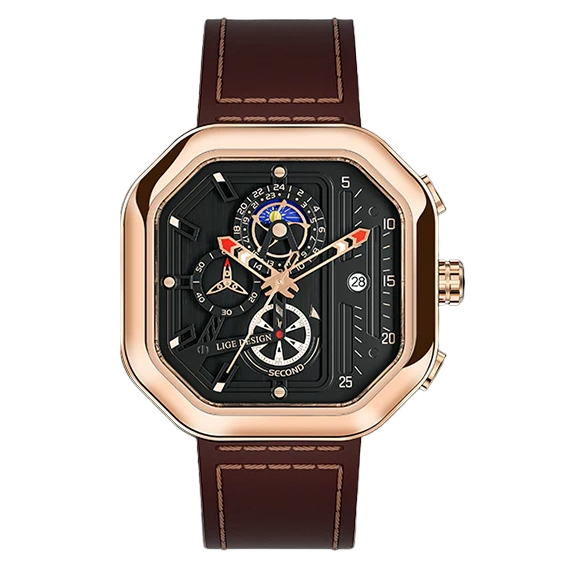 Relógio Masculino de Luxo Johnny Boss Gold Brown Pulseira de Couro