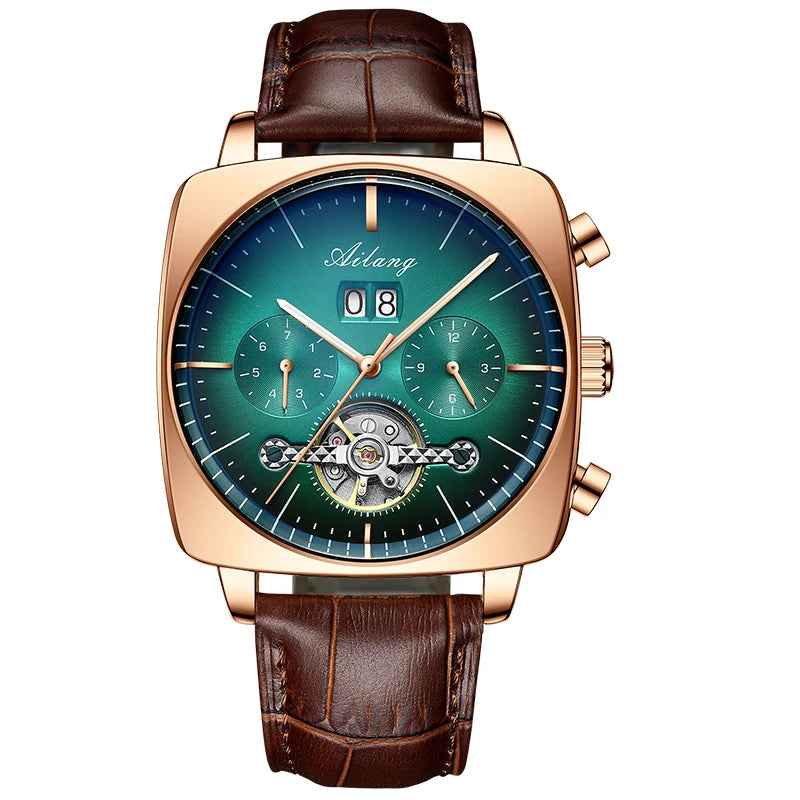 Relógio Masculino de Luxo Ailang Pulseira de Couro Gold Brown Automatique