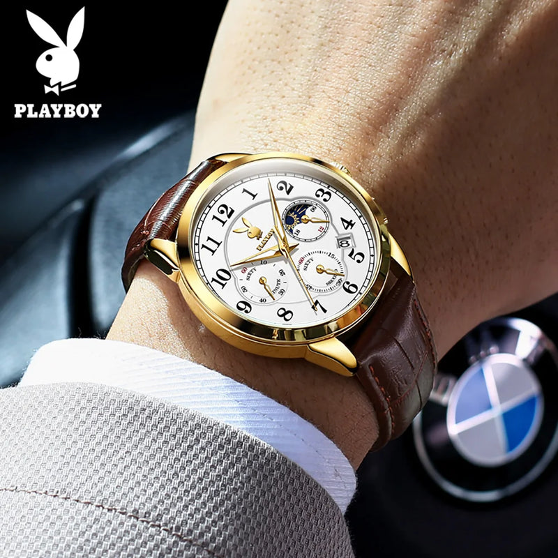 Relógio Clássico Masculino Pulseira de Couro Playboy Gold White Seductive