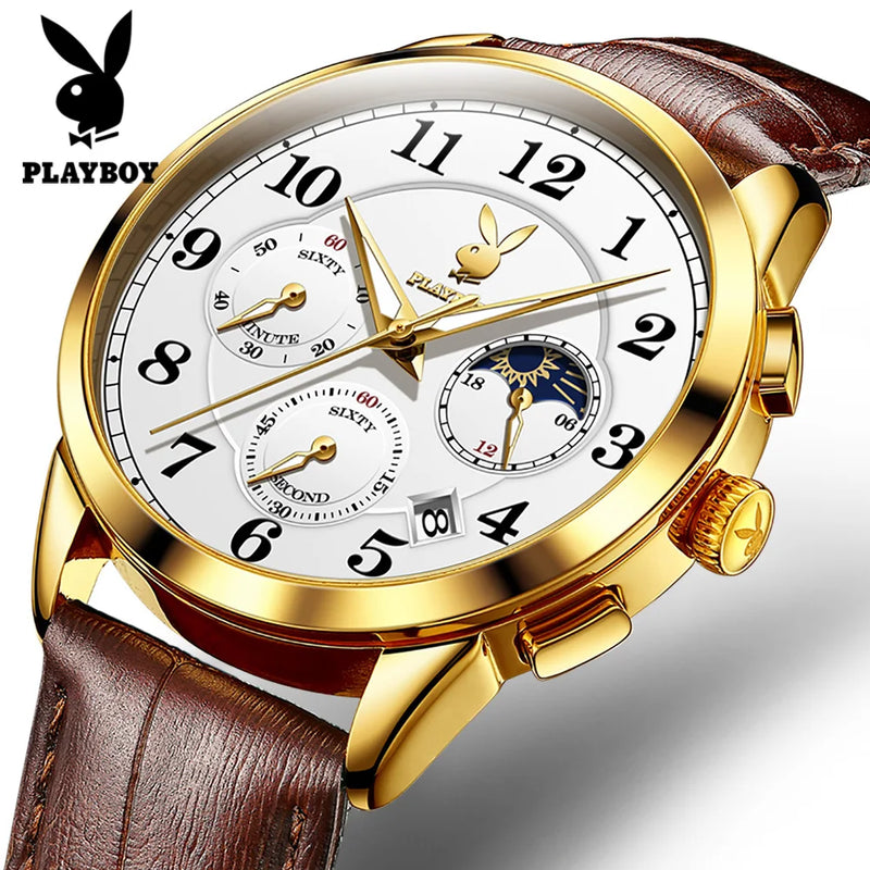 Relógio Clássico Masculino Pulseira de Couro Playboy Gold White Seductive